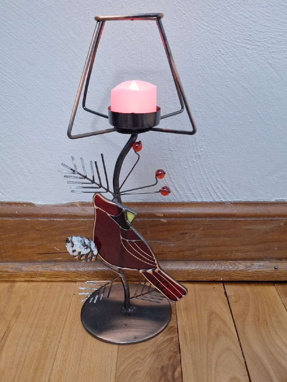 Metal Cardinal Candle Holder with Pink Candle